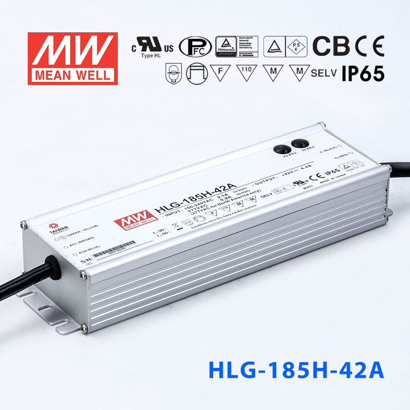 HLG-185H-42A HLG-185H-42A 185W 42V 4.4A 强耐环境恒压+恒流PFC高效铝壳IP65防水LED电源(恒压恒流值可面板设定)
