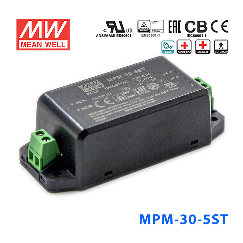 MPM-30-5ST MPM-30-5ST台湾明纬30W 80~264V输入 5V6A输出绿色医疗基板型电源