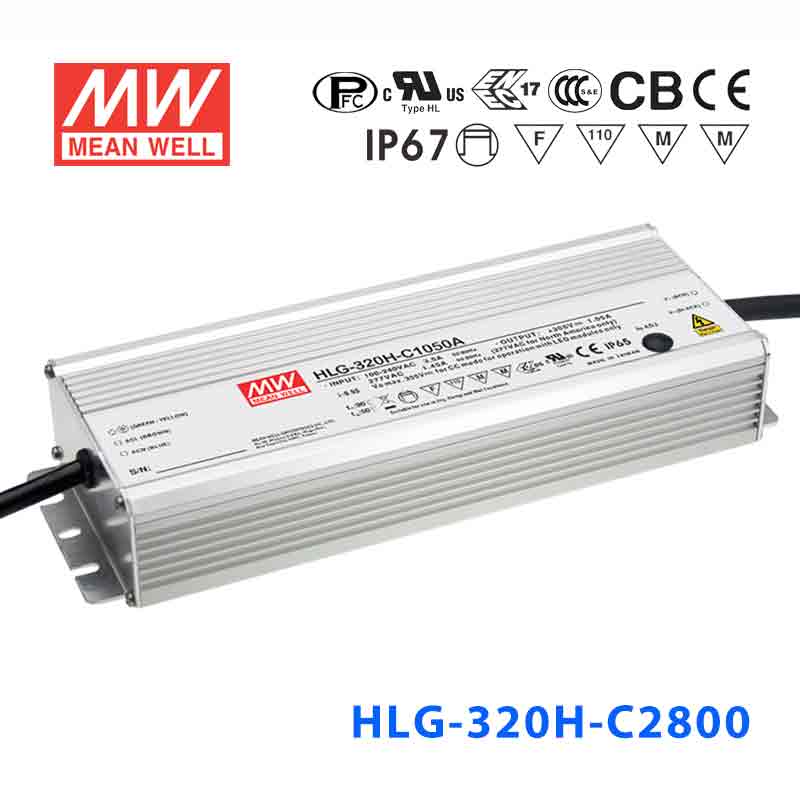 HLG-320H-C2800A HLG-320H-C2800A 320W 宽范围输入 57~114V 2800mA 强耐环境高压恒流输出PFC高效铝壳IP65防水LED电源