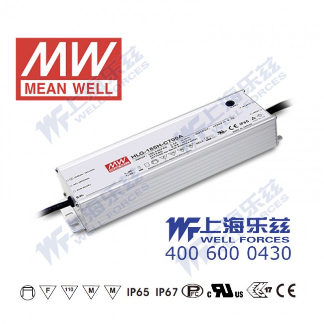 HLG-185H-C1050A HLG-185H-C1050A 200W 宽范围输入 95~190V 1050mA 强耐环境高压恒流输出PFC高效铝壳IP65防水LED电源(恒流值可面板设定)
