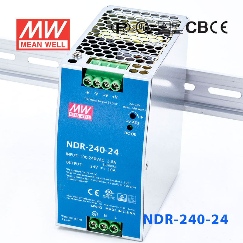 NDR-240-24 NDR-240-24 240W 24V10A单路输出明纬超薄型PFC导轨安装电源
