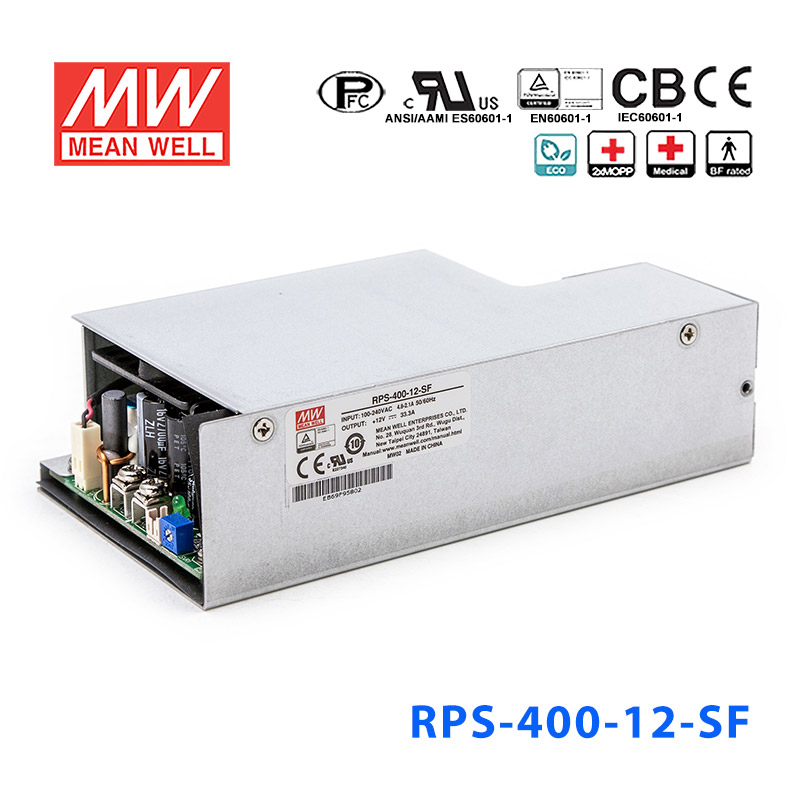 RPS-400-12-SF RPS-400-12-SF 400W 12V 33.3A 单路输出PFC微漏电流低空载损耗侧置风扇机壳型医用明纬开关电源