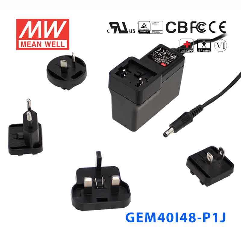 GEM40I48-P1J GEM40I48-P1J 40W48V0.83A输出明纬高能效可换插头医疗电源适配器