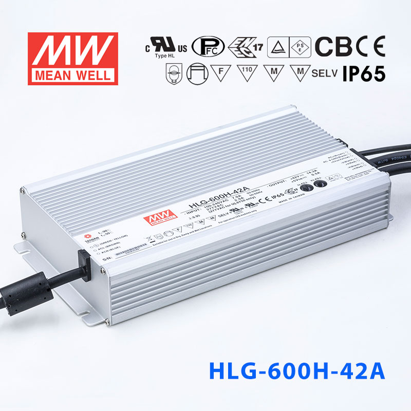 HLG-600H-42A HLG-600H-42A 600W 42V 14.3A 强耐环境恒压+恒流PFC高效铝壳IP65防水LED电源(恒流值通过内部电位器调整)
