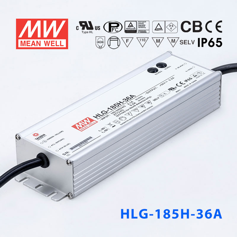 HLG-185H-36A HLG-185H-36A 185W 36V 5.2A 强耐环境恒压+恒流PFC高效铝壳IP65防水LED电源(恒压恒流值可面板设定)
