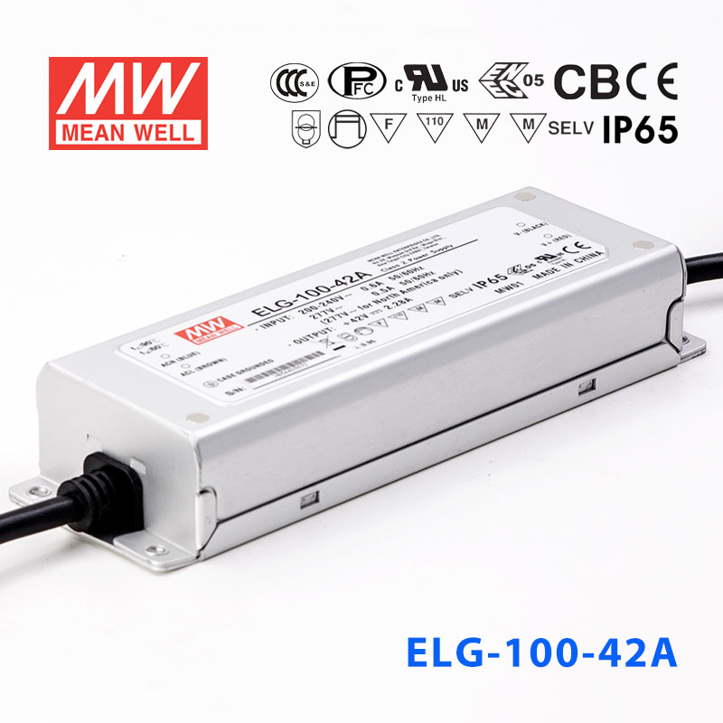 ELG-100-42A ELG-100-42A 96W 42V 2.28A A型(电流可调/铝壳IP65防水/180～305Vac输入)明纬PFC防水LED电源