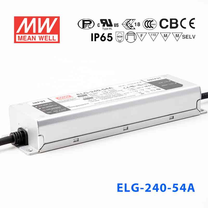 ELG-240-54A ELG-240-54A 240W 54V 4.45A A型(电流可调/铝壳IP65/100~305Vac输入)明纬PFC防水LED电源