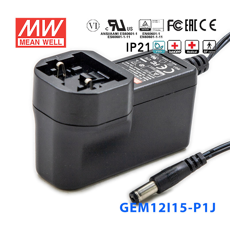 GEM12I15-P1J GEM12I15-P1J 12W 15V 0.8A输出明纬环保可换插头医疗电源适配器