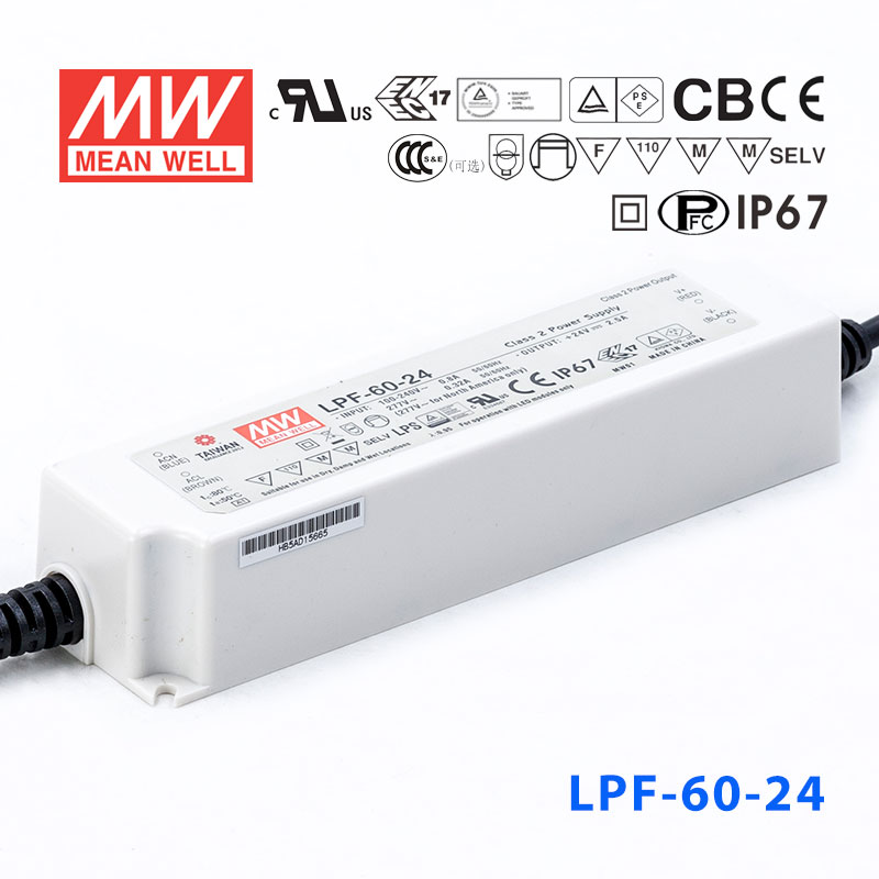 LPF-60-24 LPF-60-24 60W 24V 2.5A 恒压+恒流有PFC高效率塑壳IP67防水LED电源