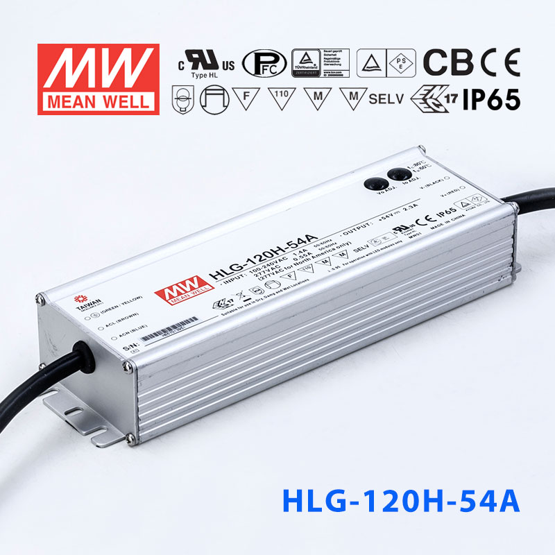 HLG-120H-54A HLG-120H-54A 120W 54V 2.3A 强耐环境恒压+恒流PFC高效铝壳IP65防水LED电源(恒压恒流值可面板设定)