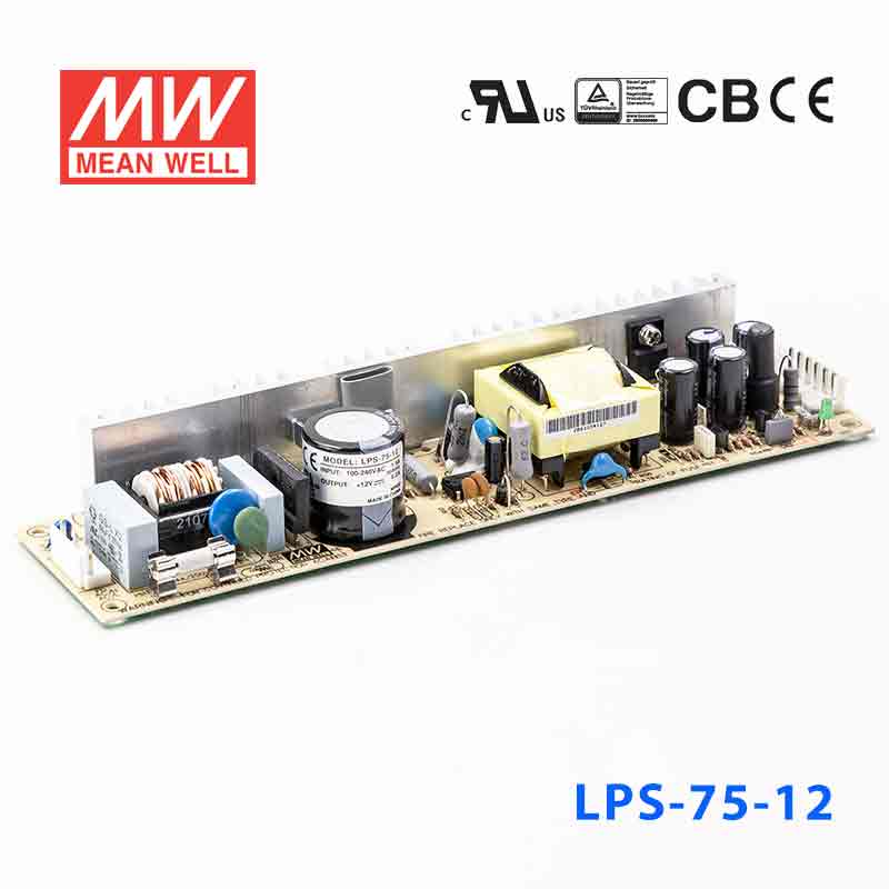 LPS-75-12 LPS-75-12 75W 12V 6.2A 单路输出无外壳窄条PCB板明纬开关电源