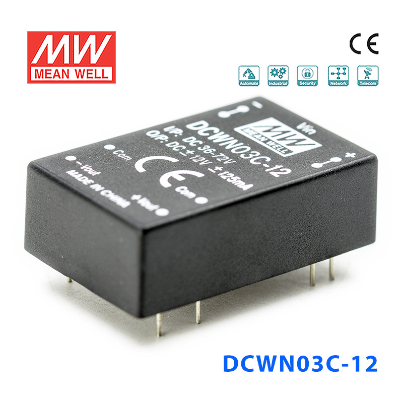 DCWN03C-12 Mean Well DCWN03C-12 DC-DC Converter - 3W 36~72V DC in 12V out 250mA