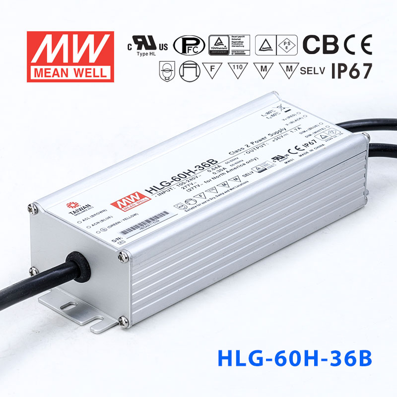 HLG-60H-36B HLG-60H-36B 60W 36V 1.7A 强耐环境恒压+恒流PFC高效铝壳IP67防水LED电源(控制线三合一调光)