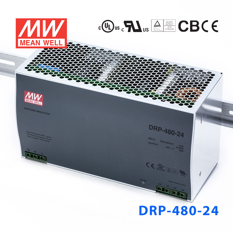DRP-480-24 DRP-480-24 480W 24V20A 单路输出DIN导轨安装带PFC功能明纬开关电源