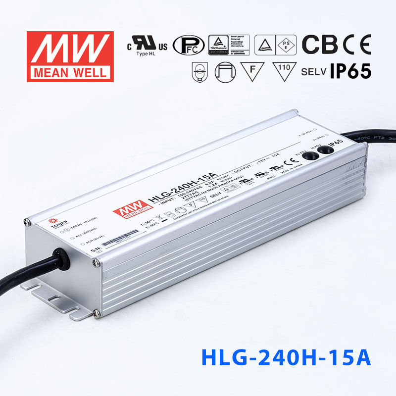 HLG-240H-15A HLG-240H-15A 225W 15V 15A 强耐环境恒压+恒流PFC高效铝壳IP65防水LED电源(恒压恒流值可面板设定)