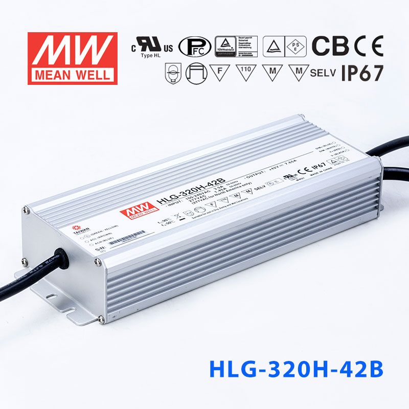 HLG-320H-42B HLG-320H-42B 320W 42V 7.65A 强耐环境恒压+恒流PFC高效铝壳IP67防水LED电源(控制线三合一调光)