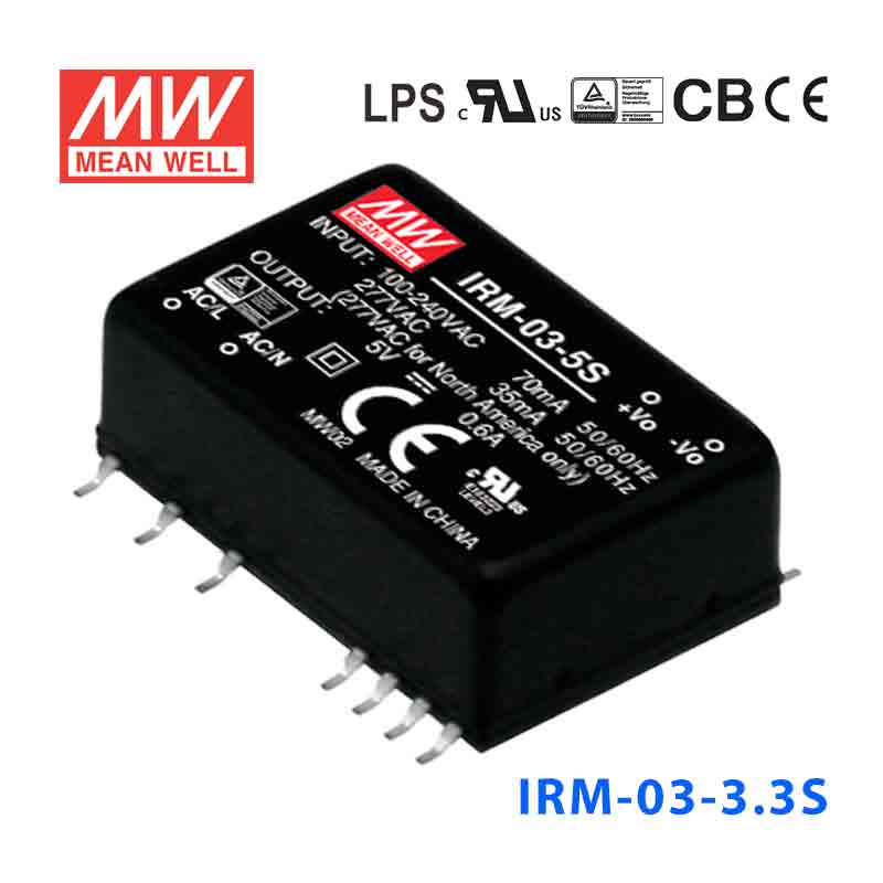 IRM-03-3.3S IRM-03-3.3S 3W 3.3V 900mA 单路输出高能效AC-DC模块型明纬开关电源-SMD贴片型
