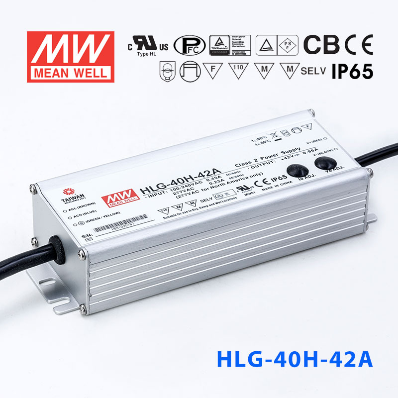 HLG-40H-42A HLG-40H-42A 40W 42V 0.96A 强耐环境恒压+恒流PFC高效铝壳IP65防水LED电源(恒压恒流值可面板设定)