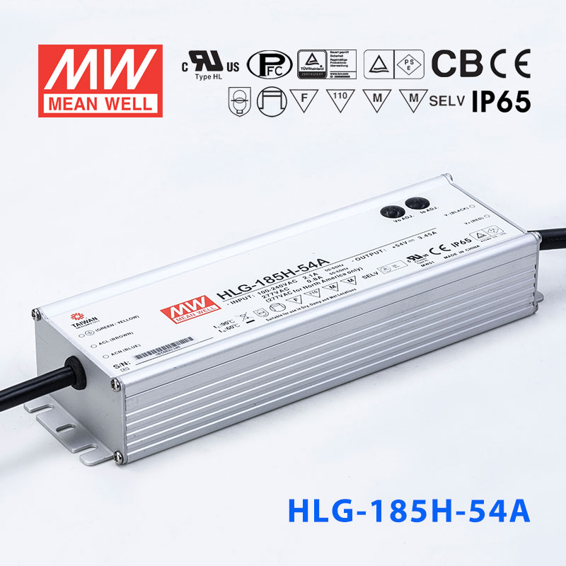 HLG-185H-54A HLG-185H-54A 185W 54V 3.45A 强耐环境恒压+恒流PFC高效铝壳IP65防水LED电源(恒压恒流值可面板设定)