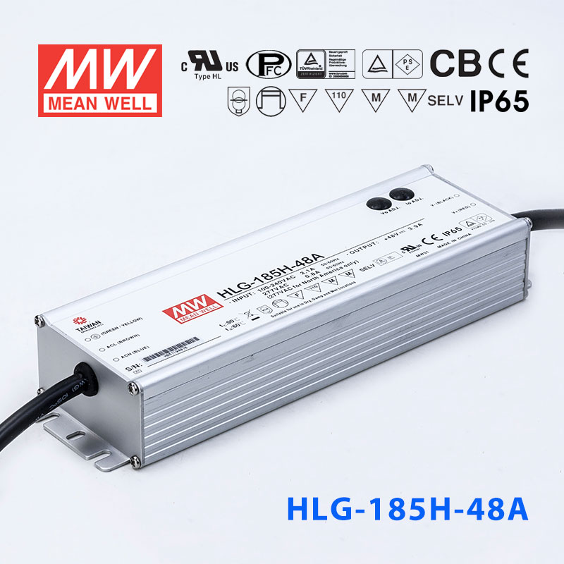 HLG-185H-48A HLG-185H-48A 185W 48V 3.9A 强耐环境恒压+恒流PFC高效铝壳IP65防水LED电源(恒压恒流值可面板设定)