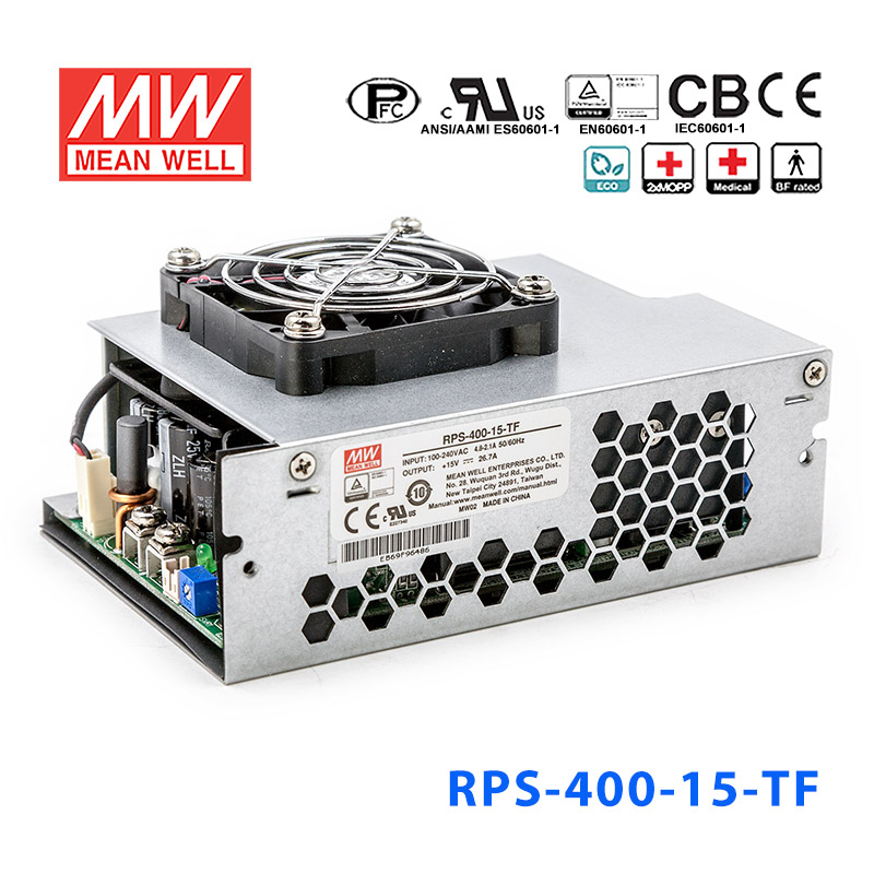 RPS-400-15-TF RPS-400-15-TF 400W 15V 26.7 单路输出PFC微漏电流低空载损耗顶置风扇机壳型医用明纬开关电源