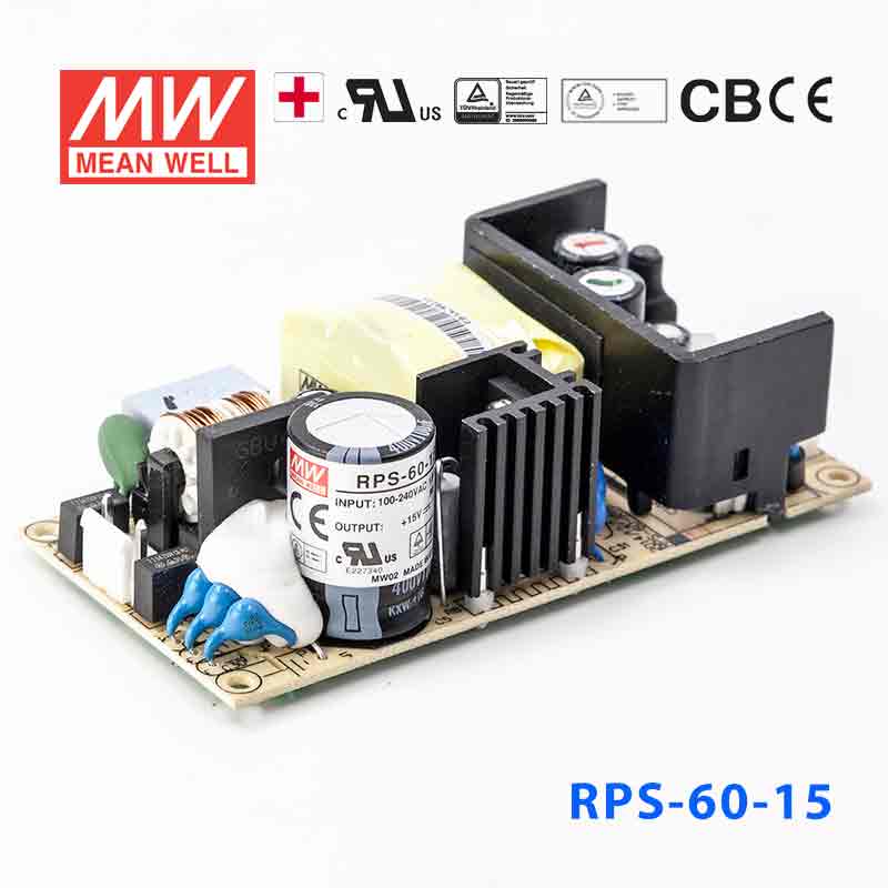 RPS-60-15 RPS-60-15 60W 15V 4.4A 单路输出微漏电低空载损耗小尺寸医用无外壳明纬开关电源
