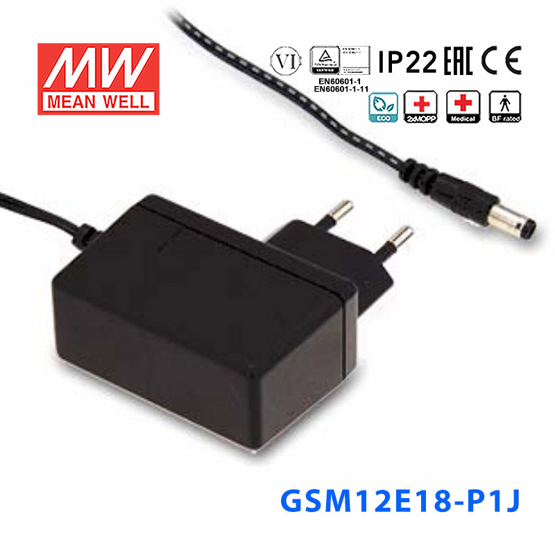 GSM12E18-P1J GSM12E18-P1J台湾明纬12W 80~264V输入 18V0.66A输出医疗型适配器