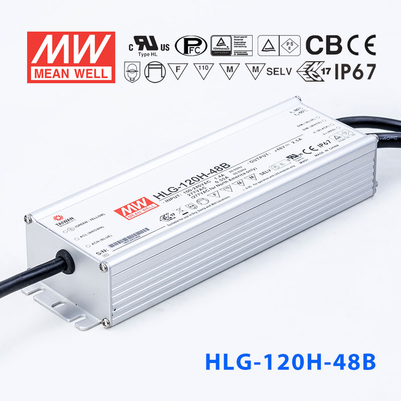 HLG-120H-48B HLG-120H-48B 120W 48V 2.5A 强耐环境恒压+恒流PFC高效铝壳IP67防水LED电源(控制线三合一调光)
