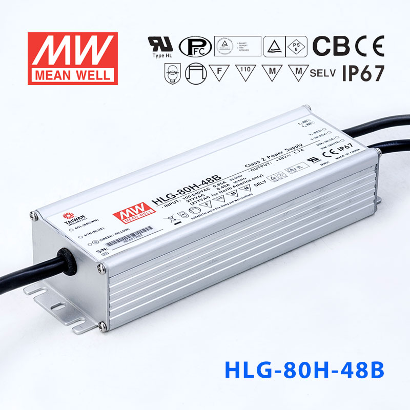 HLG-80H-48B HLG-80H-48B 80W 48V 1.7A 强耐环境恒压+恒流PFC高效铝壳IP67防水LED电源(控制线三合一调光)
