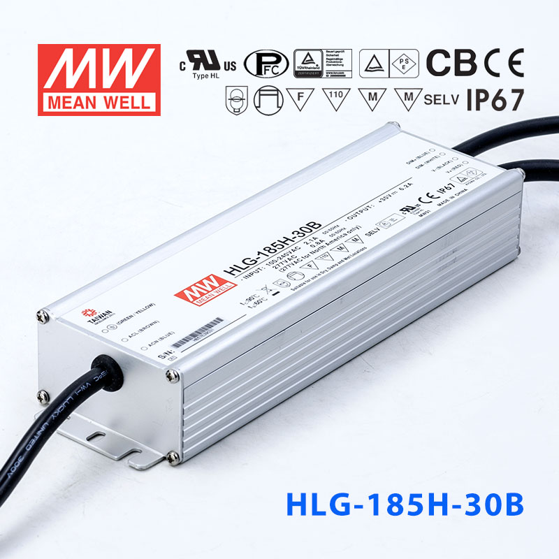 HLG-185H-30B HLG-185H-30B 185W 30V 6.2A 强耐环境恒压+恒流PFC高效铝壳IP67防水LED电源(控制线三合一调光)