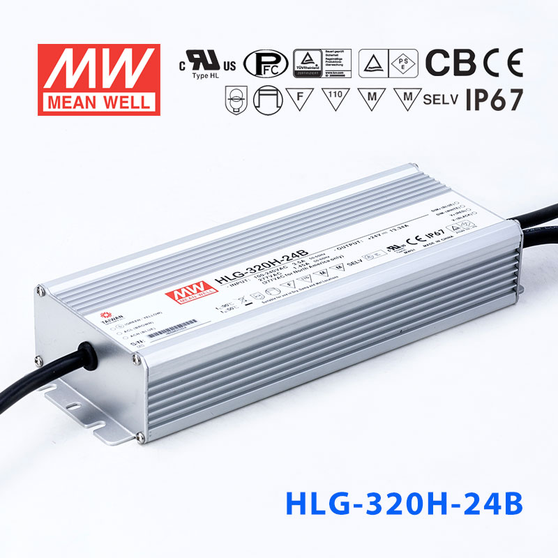 HLG-320H-24B HLG-320H-24B 320W 24V 13.34A 强耐环境恒压+恒流PFC高效铝壳IP67防水LED电源(控制线三合一调光)