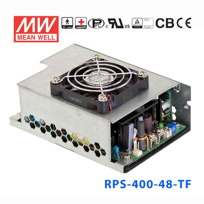 RPS-400-48-TF RPS-400-48-TF 400W 48V 8.4A 单路输出PFC微漏电流低空载损耗顶置风扇机壳型医用明纬开关电源
