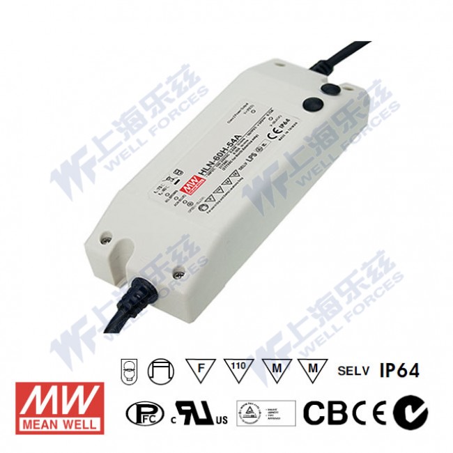 HLN-60H-48A HLN-60H-48A 60W 48V 1.3A 高电压输入恒压+恒流PFC塑壳IP64防水LED电源(恒压值恒流值可设定)