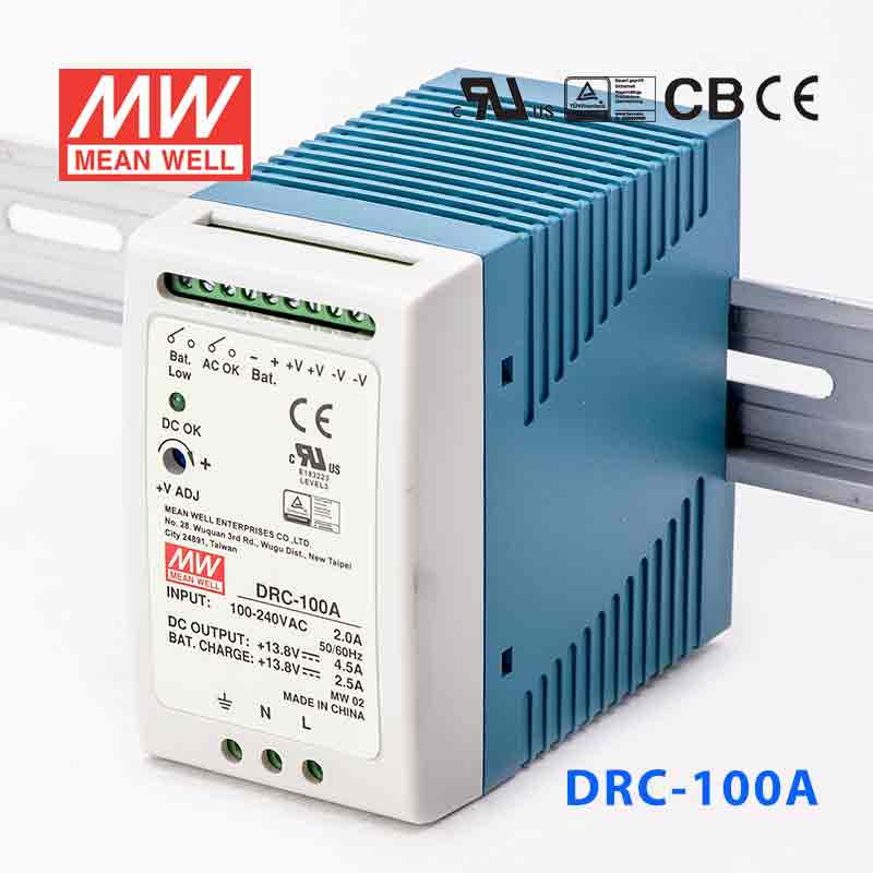 DRC-100A DRC-100A 96.6W 13.8V4.5A 单路输出浮充电直流UPS导轨安装明纬安防电源