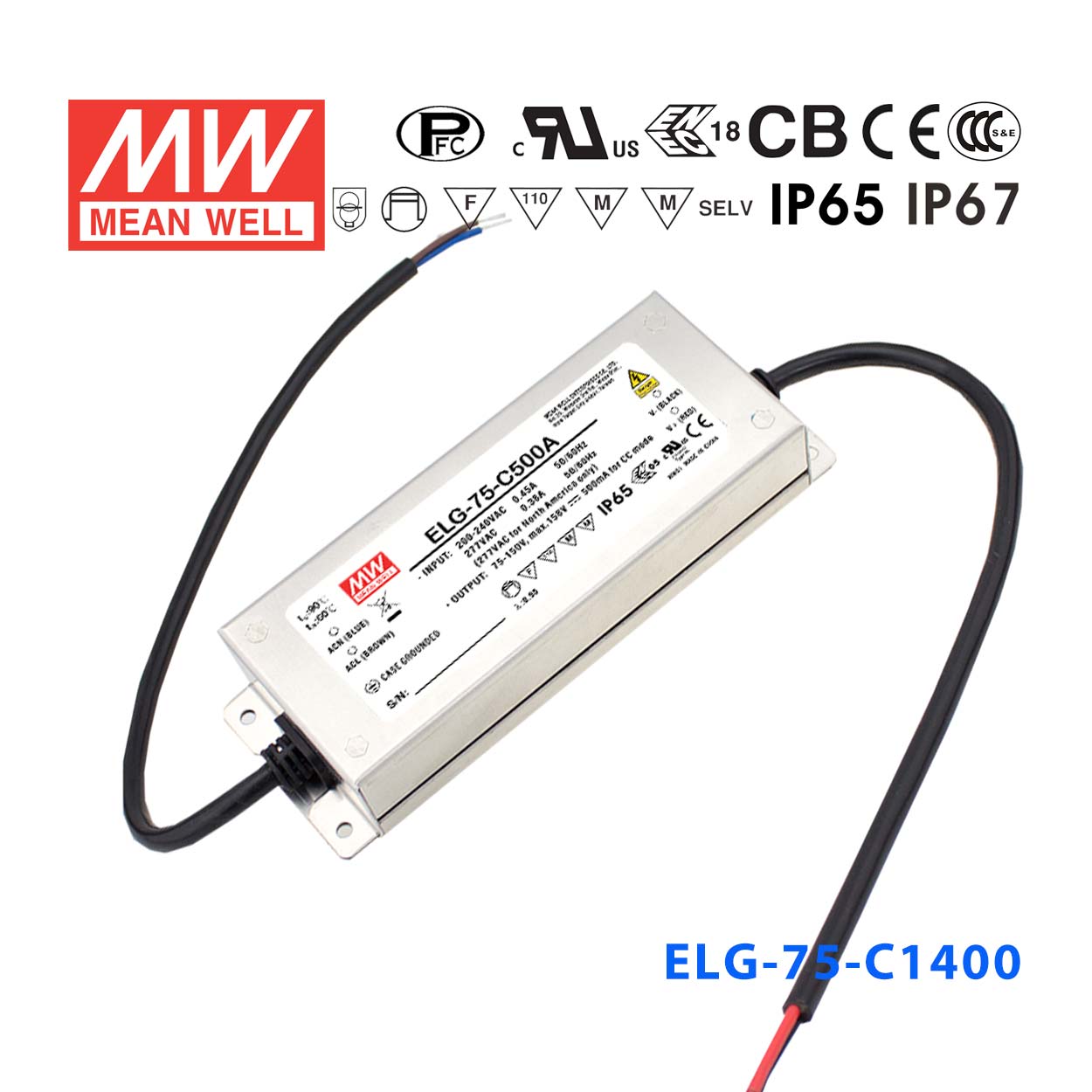 ELG-75-C1400B ELG-75-C1400B 75W 27~54V 1400mA B型(0～10V/PWM/电阻调光/铝壳IP67防水/180～305Vac输入)明纬PFC防水LED电源