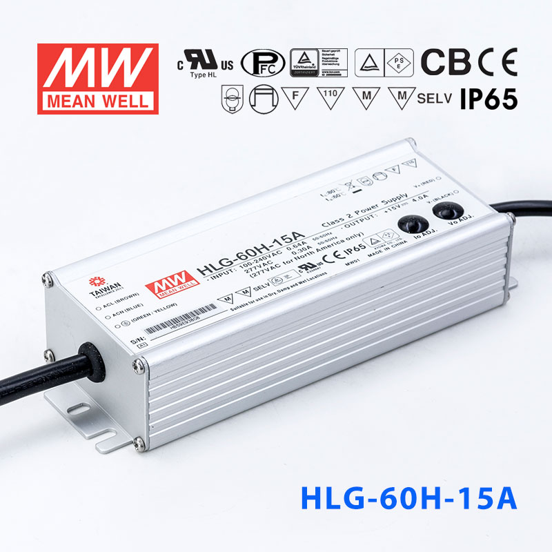 HLG-60H-15A HLG-60H-15A 60W 15V 4A 强耐环境恒压+恒流PFC高效铝壳IP65防水LED电源(恒压恒流值可面板设定)