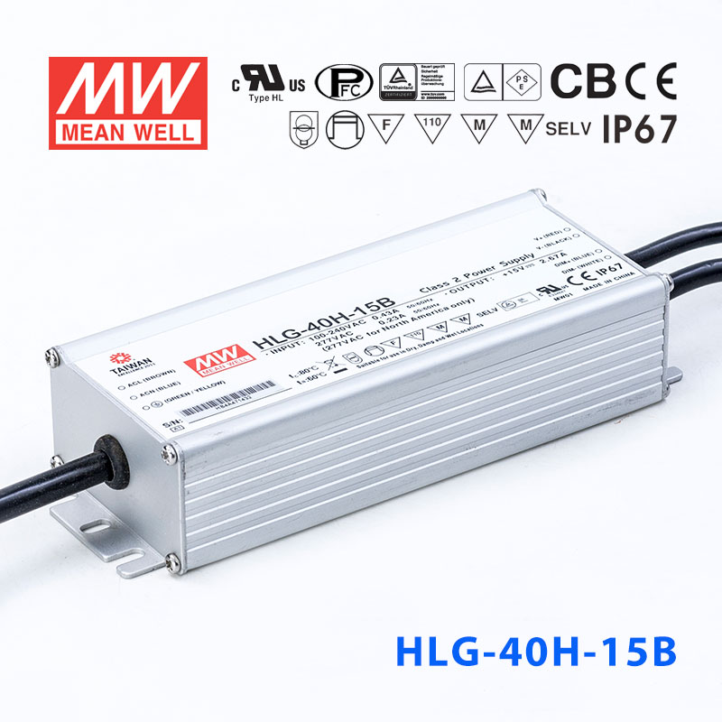 HLG-40H-15B HLG-40H-15B 40W 15V 2.67A 强耐环境恒压+恒流PFC高效铝壳IP67防水LED电源(控制线三合一调光)