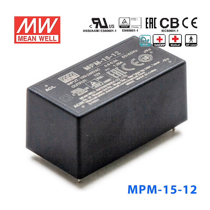 MPM-15-12 MPM-15-12台湾明纬15W 80~264V输入 12V1.25A输出医疗基板型电源