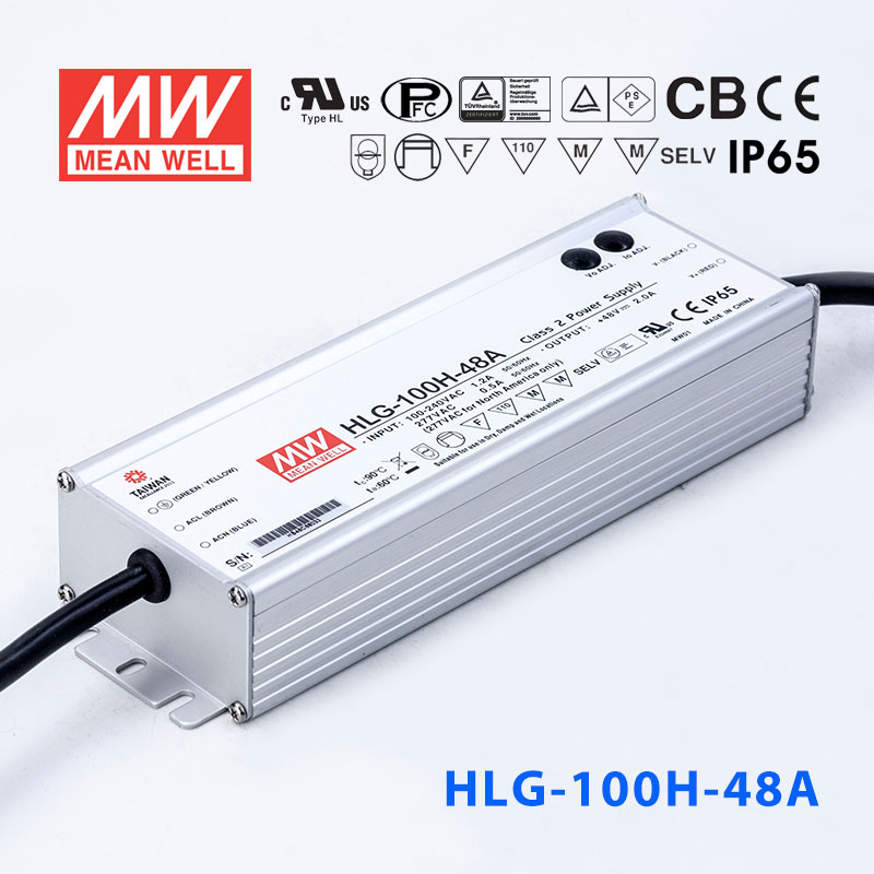 HLG-100H-48A HLG-100H-48A 100W 48V 2A 强耐环境恒压+恒流PFC高效铝壳IP65防水LED电源(恒压恒流值可面板设定)