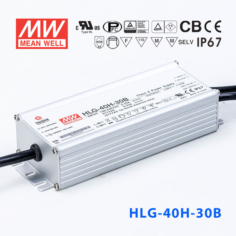 HLG-40H-30B HLG-40H-30B 40W 30V 1.34A 强耐环境恒压+恒流PFC高效铝壳IP67防水LED电源(控制线三合一调光)