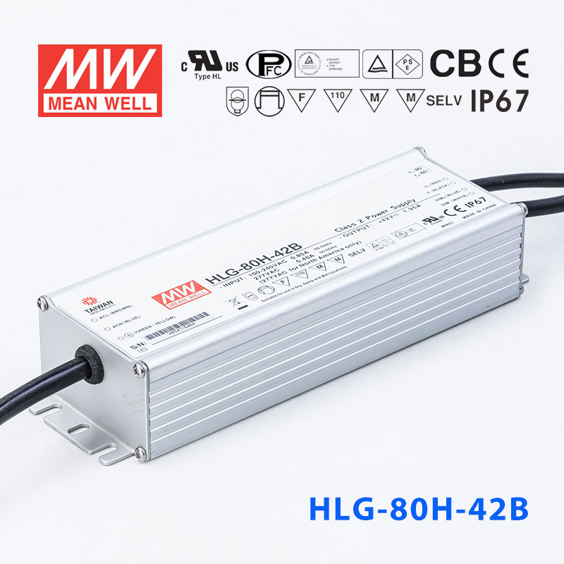 HLG-80H-42B HLG-80H-42B 80W 42V 1.95A 强耐环境恒压+恒流PFC高效铝壳IP67防水LED电源(控制线三合一调光)