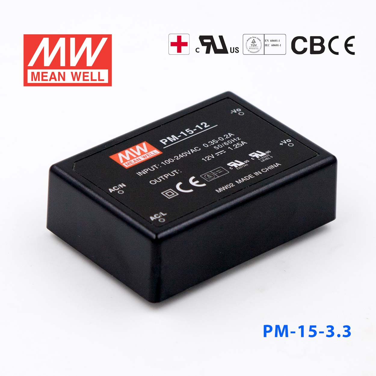 PM-15-3.3 PM-15-3.3 15W 3.3V 3.5A 微漏电塑封Class2单路输出板上型医用明纬开关电源