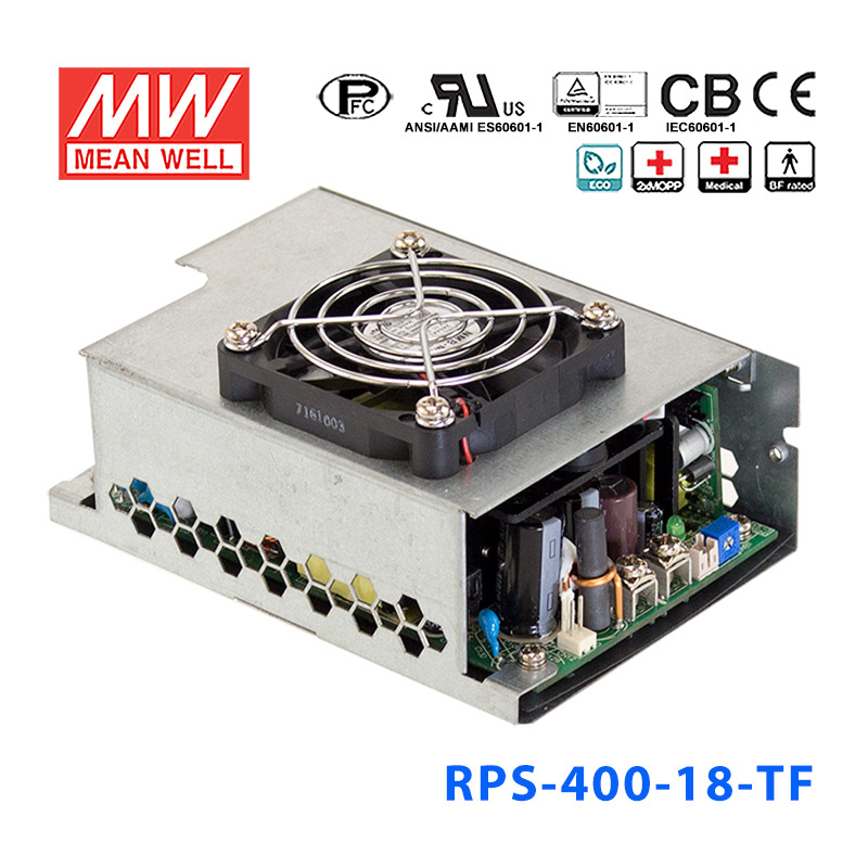 RPS-400-18-TF RPS-400-18-TF 400W 18V 22.3A 单路输出PFC微漏电流低空载损耗顶置风扇机壳型医用明纬开关电源