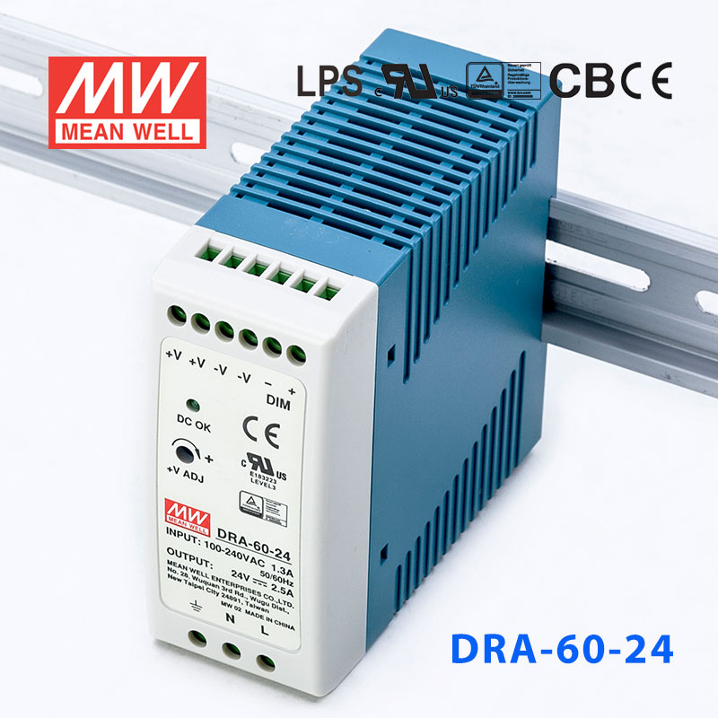 DRA-60-24 DRA-60-24 60W 24V2.5A输出电流可程控明纬导轨安装电源