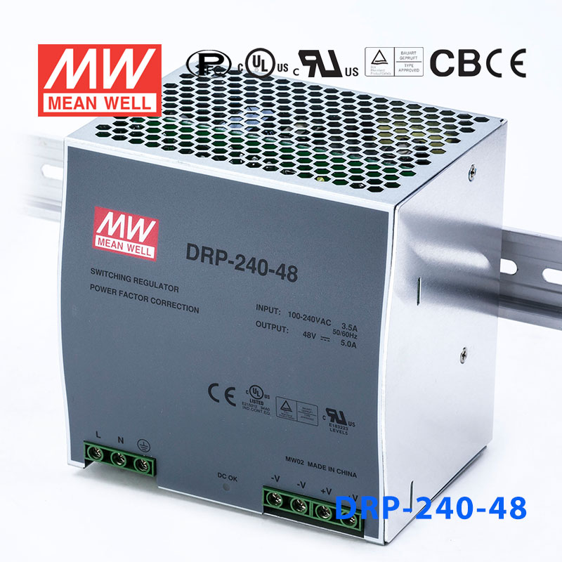DRP-240-48 DRP-240-48 240W 48V5A 单路输出DIN导轨安装带PFC功能明纬开关电源