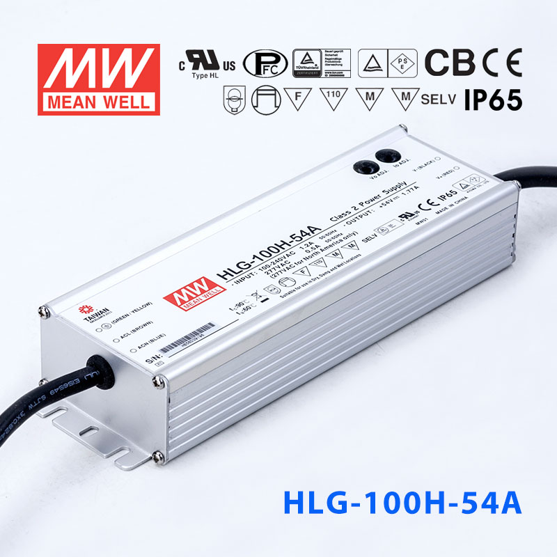 HLG-100H-54A HLG-100H-54A 100W 54V 1.77A 强耐环境恒压+恒流PFC高效铝壳IP65防水LED电源(恒压恒流值可面板设定)