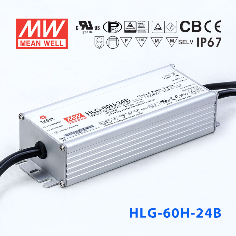 HLG-60H-24B HLG-60H-24B 60W 24V 2.5A 强耐环境恒压+恒流PFC高效铝壳IP67防水LED电源(控制线三合一调光)