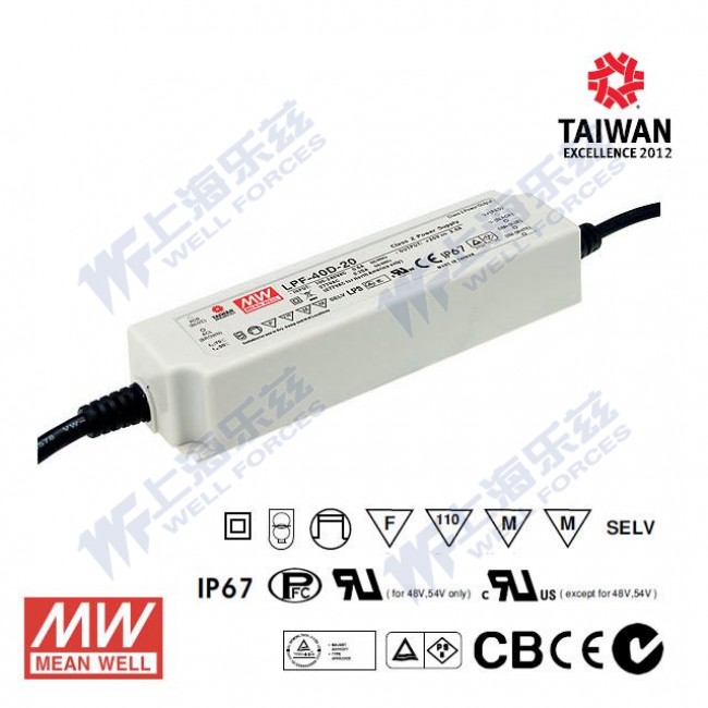 LPF-40D-54 LPF-40D-54 40W 54V 1.12A 恒压+恒流PFC高效率塑壳IP67防水调光LED电源