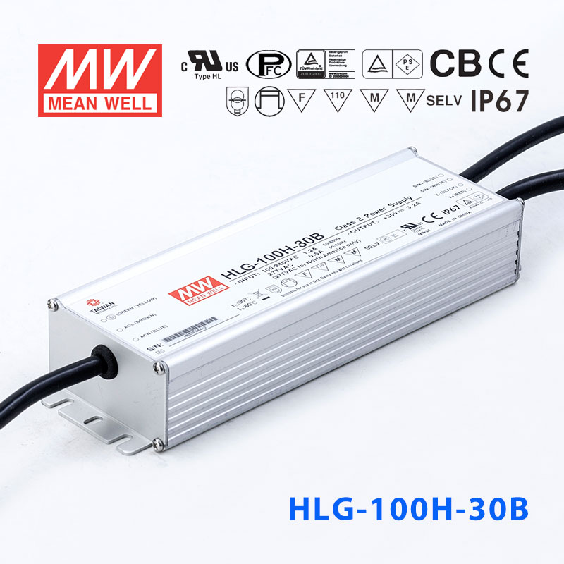 HLG-100H-30B HLG-100H-30B 100W 30V 3.2A 强耐环境恒压+恒流PFC高效铝壳IP67防水LED电源(控制线三合一调光)