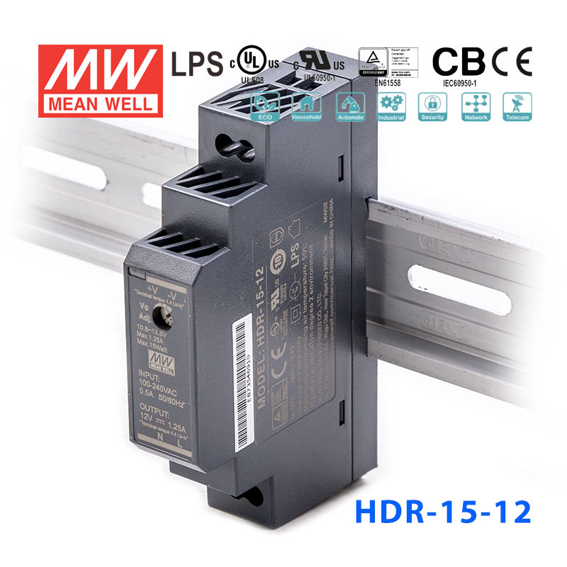 HDR-15-12 HDR-15-12 15W 12V 1.25A 单路输出明纬超薄型导轨安装电源